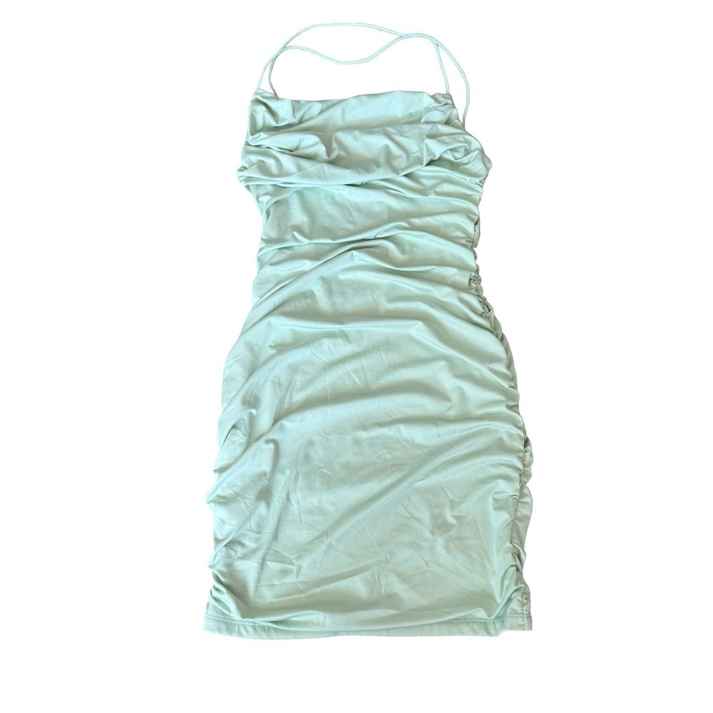 Bodycon Dress Mint Green Ruched Cowl Neck Mini Women Size Large